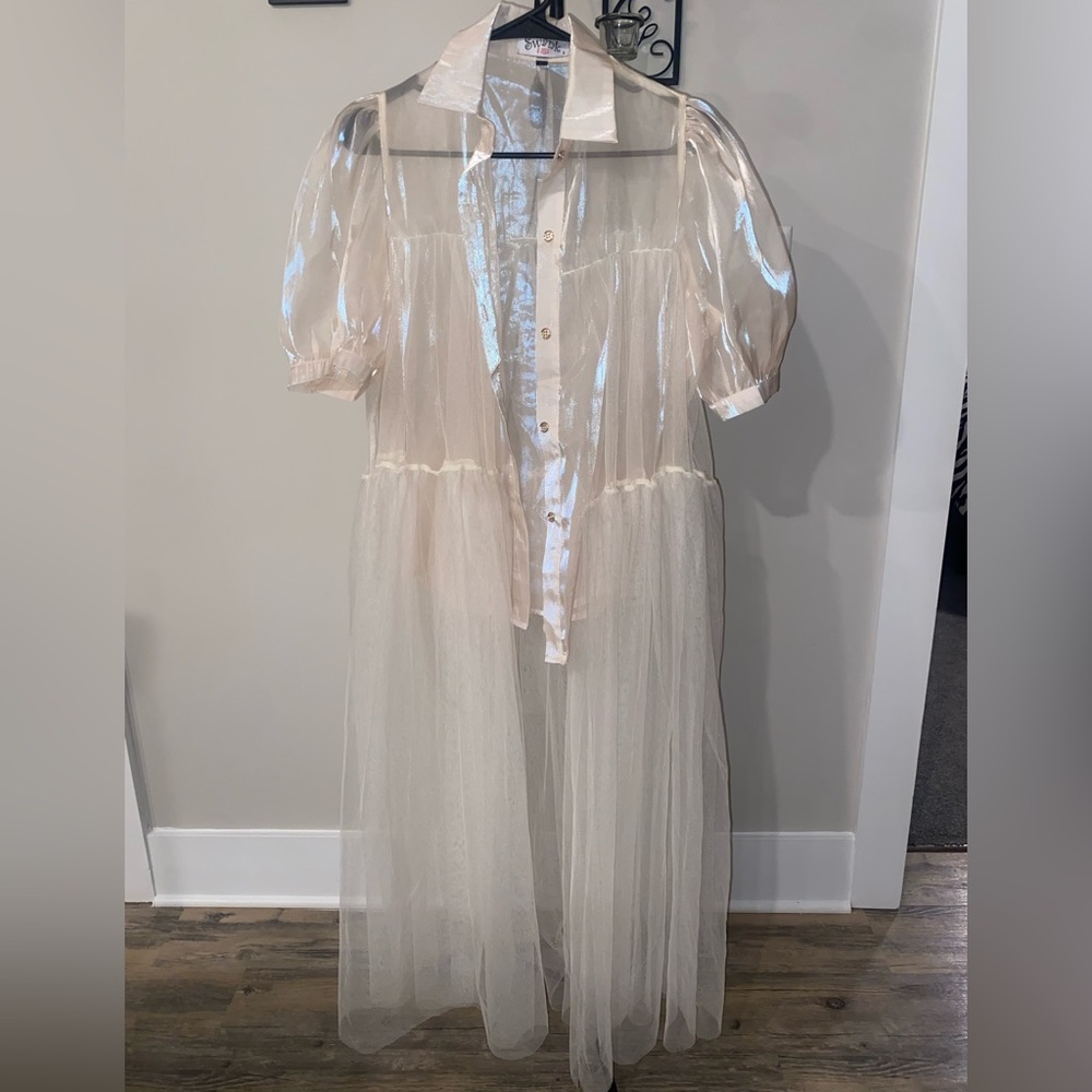 Swank Cream Tulle Button Down Shirt